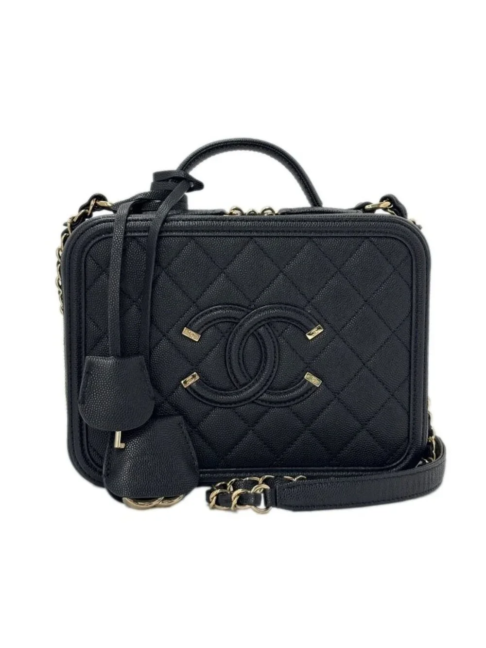 Chanel Bag CC Filigree Vanity Case 2-Way Chain Shoulder Black Champagne Gold